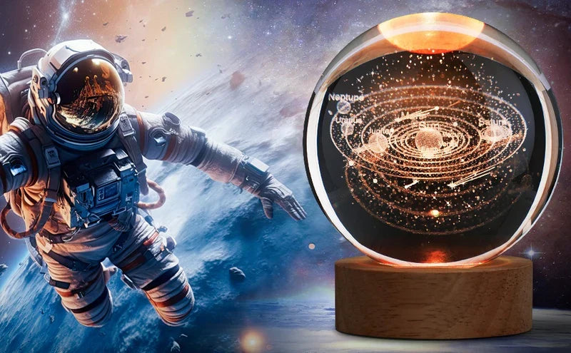 3d Galaxy Solar System Crystal Ball Night Light With Wooden Base For Boys And Girls