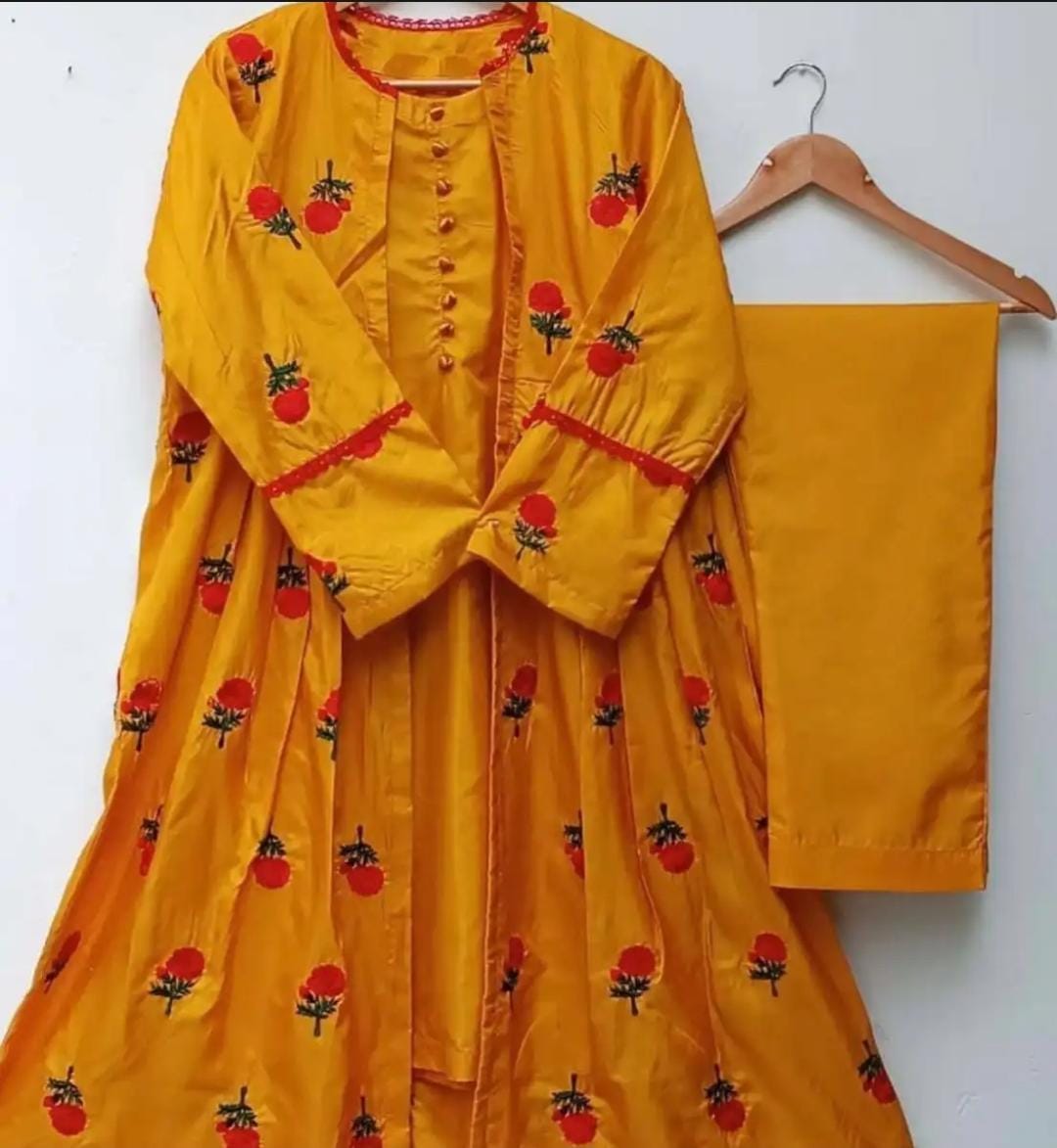 3pc Embroidered Gown  Kataan Silk for girls