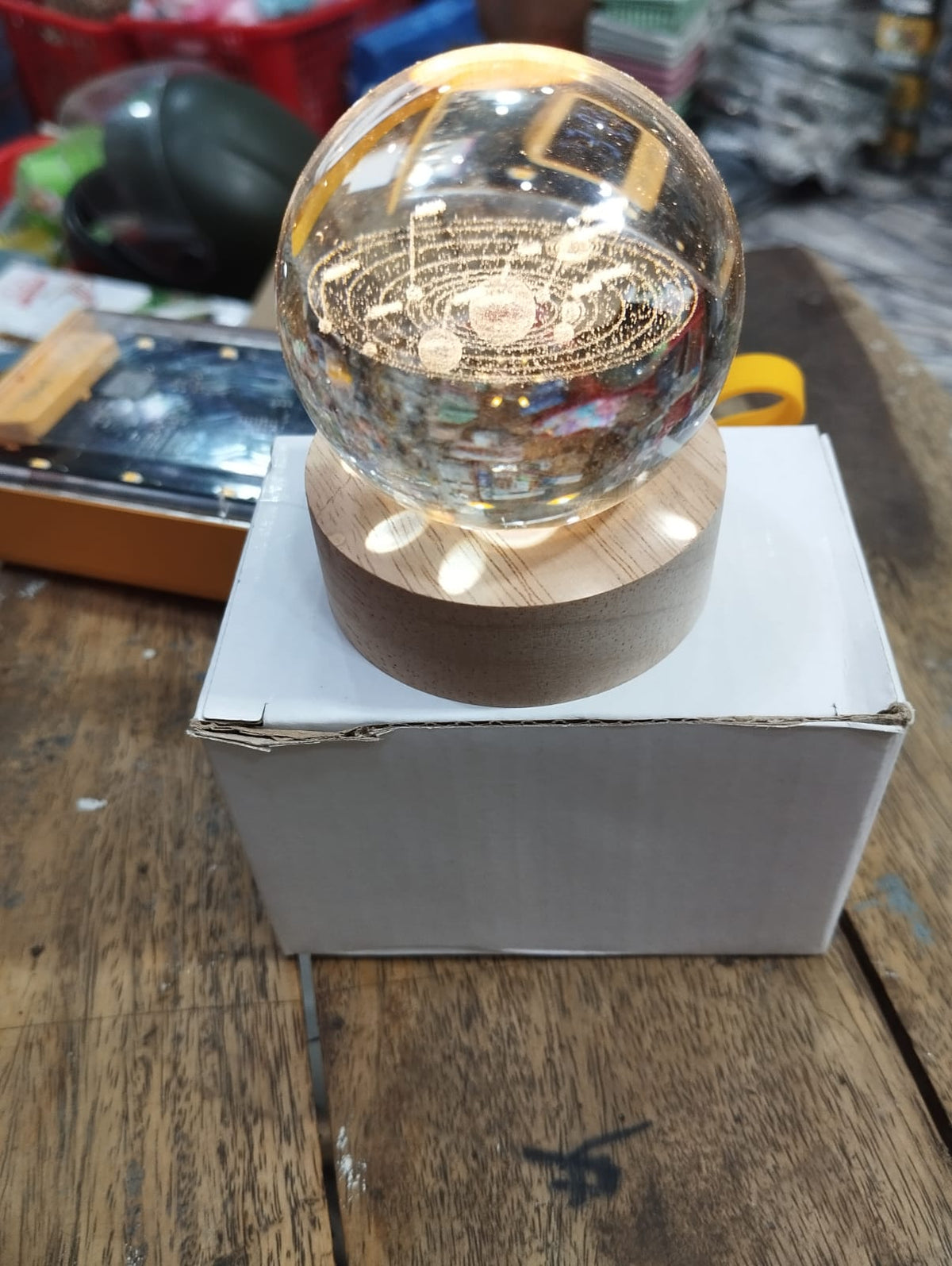 3d Galaxy Solar System Crystal Ball Night Light With Wooden Base For Boys And Girls